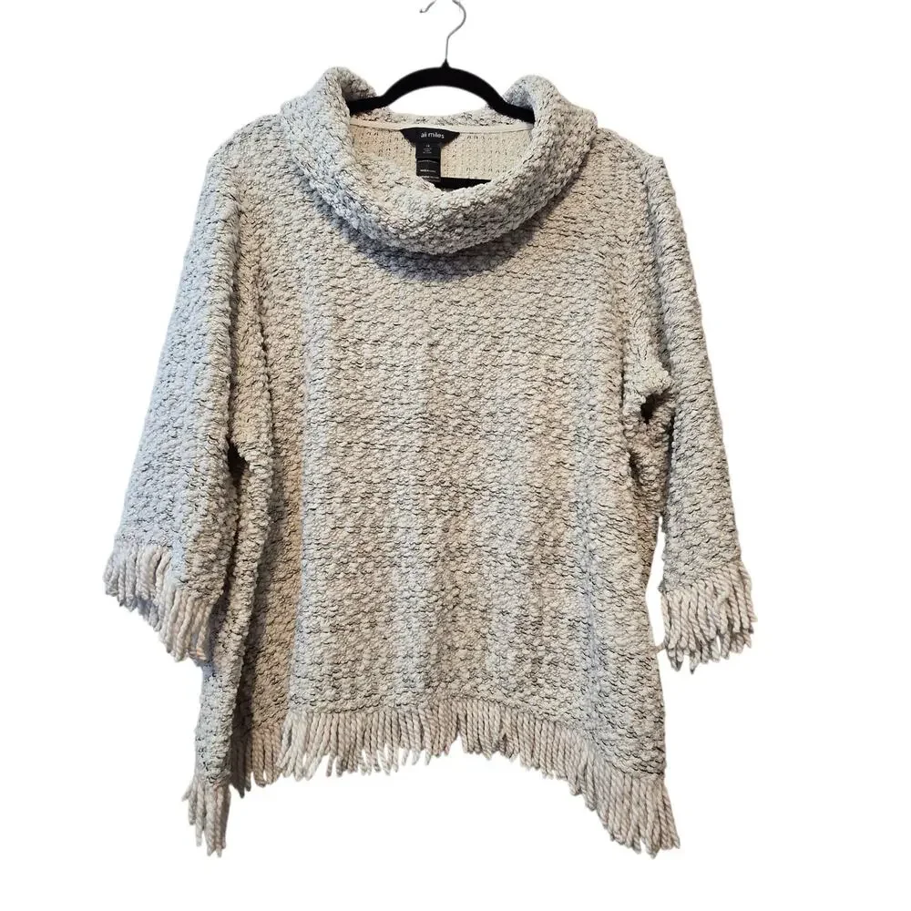 Ali Miles Cowl Neck Boucle Tunic Top Womens 1X Off White Chunky Fringe Lagenlook
